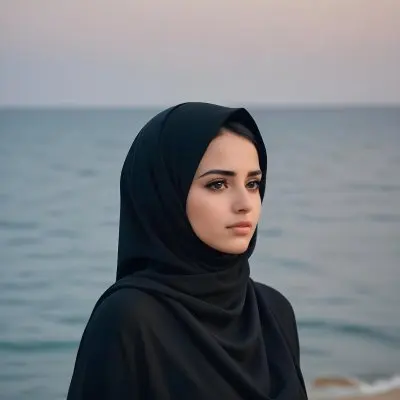 Dark And Mysterious A Young Middle Eastern Woman With Dark Hair And Dark Eyes Wearing A Black Hijab With A Single Tear Falling Down Her Cheek The Background Shows A Calm Ocean Scene Dark Shadows And Fog Blu 17 2717