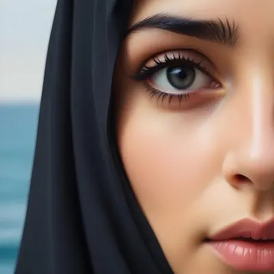 Dark And Mysterious A Young Middle Eastern Woman With Dark Hair And Dark Eyes Wearing A Black Hijab With A Single Tear Falling Down Her Cheek The Background Shows A Calm Ocean Scene Dark Shadows And Fog Blu 4 8456