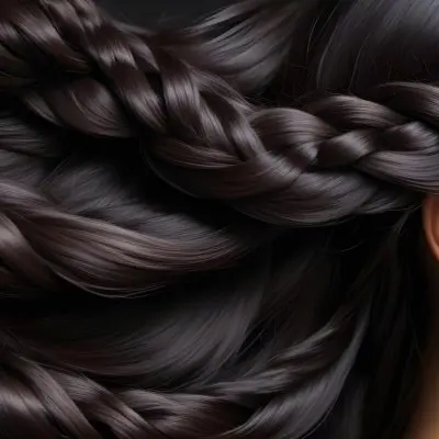 Dark Shiny Hair With Smooth Flowing Strands Showcasing Intricate Braiding And Texture With A Blurred Background 62 C572