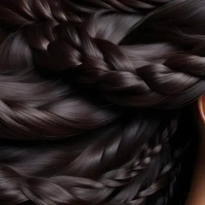 Dark Shiny Hair With Smooth Flowing Strands Showcasing Intricate Braiding And Texture With A Blurred Background 64 F974