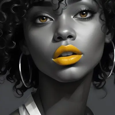 Digital Painting A Black Woman 23 Years Old Curly Black Hair Yellow Lips Big Silver Hoops Yellow Top In A Grey Background Bold And Slim Lines Brush Strokes 17 C4bd