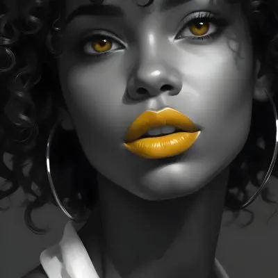Digital Painting A Black Woman 23 Years Old Curly Black Hair Yellow Lips Big Silver Hoops Yellow Top In A Grey Background Bold And Slim Lines Brush Strokes 19 Cca1
