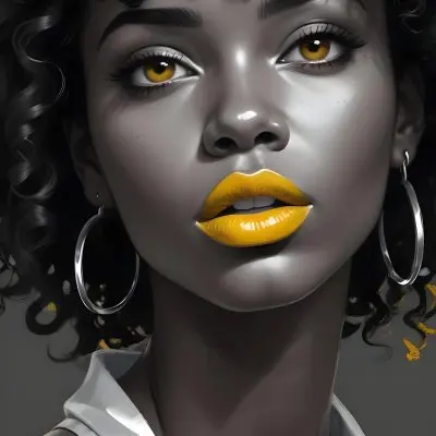 Digital Painting A Black Woman 23 Years Old Curly Black Hair Yellow Lips Big Silver Hoops Yellow Top In A Grey Background Bold And Slim Lines Brush Strokes 28 1cd3