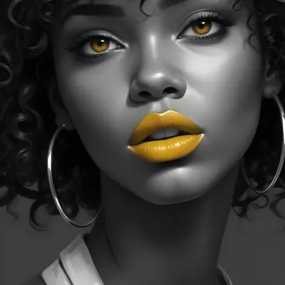 Digital Painting A Black Woman 23 Years Old Curly Black Hair Yellow Lips Big Silver Hoops Yellow Top In A Grey Background Bold And Slim Lines Brush Strokes 29 9d13