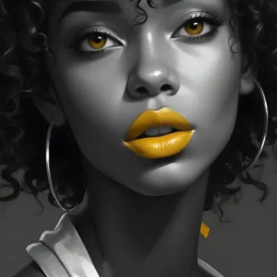 Digital Painting A Black Woman 23 Years Old Curly Black Hair Yellow Lips Big Silver Hoops Yellow Top In A Grey Background Bold And Slim Lines Brush Strokes 33 5d43