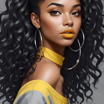 Digital Painting A Black Woman 23 Years Old Curly Black Hair Yellow Lips Big Silver Hoops Yellow Top In A Grey Background Bold And Slim Lines Brush Strokes 40 Aaba