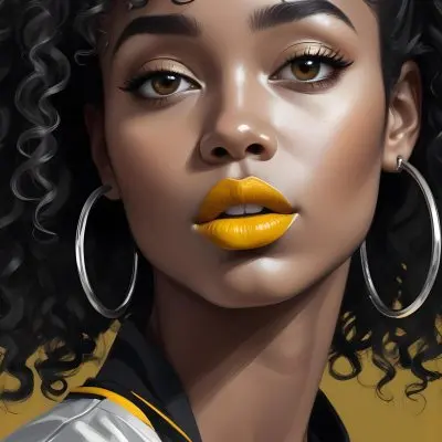 Digital Painting A Black Woman 23 Years Old Curly Black Hair Yellow Lips Big Silver Hoops Yellow Top In A Grey Background Bold And Slim Lines Brush Strokes 49 7583