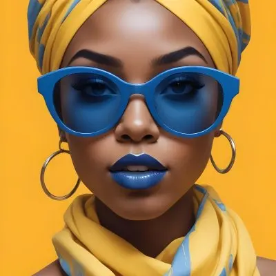 Digital Painting A Black Woman 23 Years Old With Blue Lipstick Wearing A Yellow Headscarf And Blue Sunglasses In Front Of A Yellow Background Bold And Slim Lines Brush Strokes 10 87b4