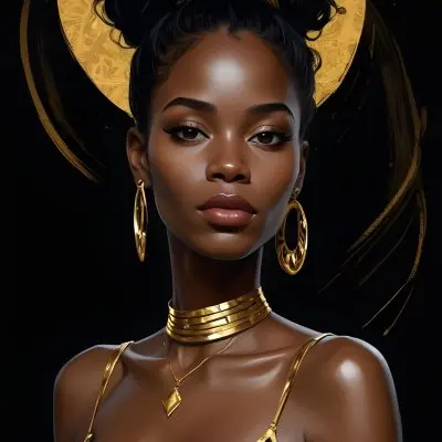 Digital Painting A Black Woman 30 Years Old With Golden Ornaments In A Black Background Bold And Slim Lines Brush Strokes 1 1d8e