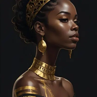 Digital Painting A Black Woman 30 Years Old With Golden Ornaments In A Black Background Bold And Slim Lines Brush Strokes 12 D9de