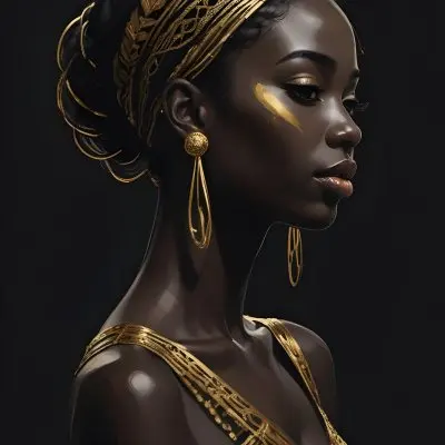 Digital Painting A Black Woman 30 Years Old With Golden Ornaments In A Black Background Bold And Slim Lines Brush Strokes 14 1c1d