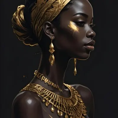 Digital Painting A Black Woman 30 Years Old With Golden Ornaments In A Black Background Bold And Slim Lines Brush Strokes 16 3922