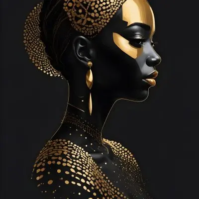Digital Painting A Black Woman 30 Years Old With Golden Ornaments In A Black Background Bold And Slim Lines Brush Strokes 17 4660