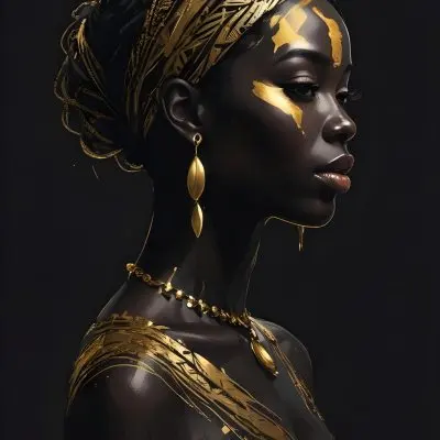 Digital Painting A Black Woman 30 Years Old With Golden Ornaments In A Black Background Bold And Slim Lines Brush Strokes 19 760e