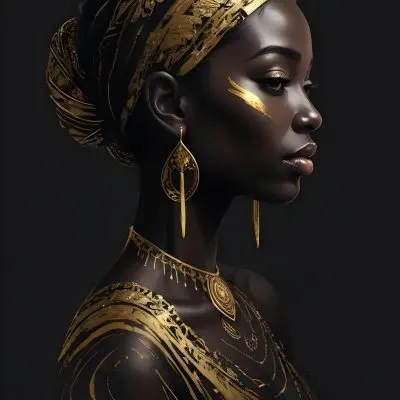 Digital Painting A Black Woman 30 Years Old With Golden Ornaments In A Black Background Bold And Slim Lines Brush Strokes 2 4296