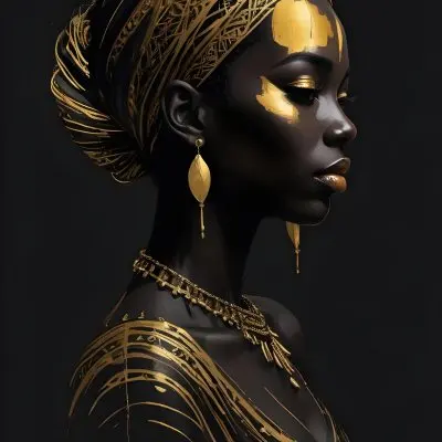 Digital Painting A Black Woman 30 Years Old With Golden Ornaments In A Black Background Bold And Slim Lines Brush Strokes 21 Cdd1