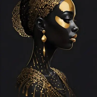 Digital Painting A Black Woman 30 Years Old With Golden Ornaments In A Black Background Bold And Slim Lines Brush Strokes 22 4c96