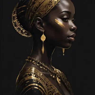 Digital Painting A Black Woman 30 Years Old With Golden Ornaments In A Black Background Bold And Slim Lines Brush Strokes 24 756a