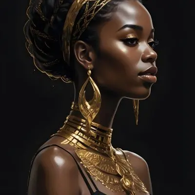 Digital Painting A Black Woman 30 Years Old With Golden Ornaments In A Black Background Bold And Slim Lines Brush Strokes 3 6d6b