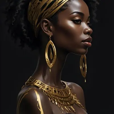 Digital Painting A Black Woman 30 Years Old With Golden Ornaments In A Black Background Bold And Slim Lines Brush Strokes 5 C18d