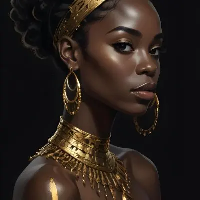 Digital Painting A Black Woman 30 Years Old With Golden Ornaments In A Black Background Bold And Slim Lines Brush Strokes 7 Fe74
