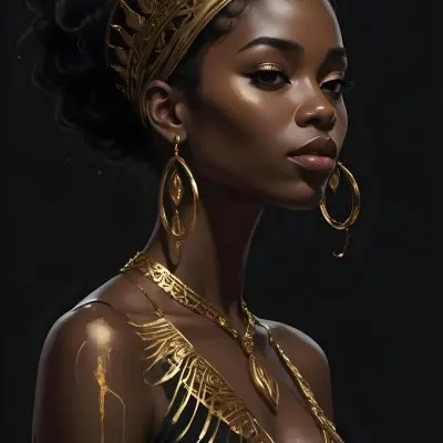 Digital Painting A Black Woman 30 Years Old With Golden Ornaments In A Black Background Bold And Slim Lines Brush Strokes 8 F039