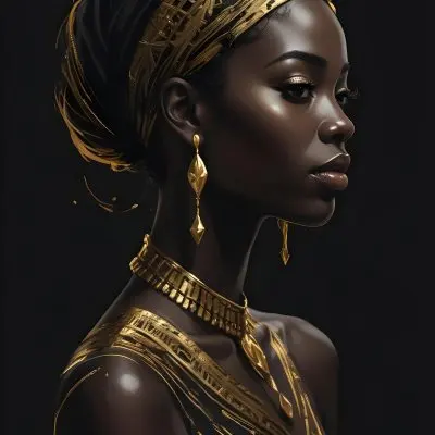 Digital Painting A Black Woman 30 Years Old With Golden Ornaments In A Black Background Bold And Slim Lines Brush Strokes 9 1906