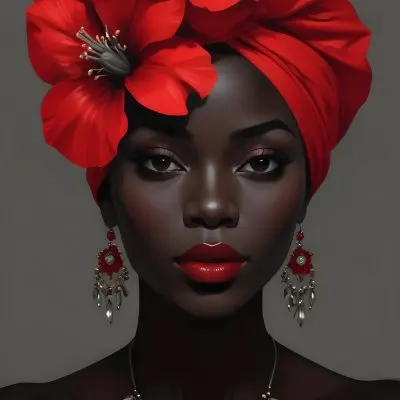 Digital Painting A Black Woman With Dark Skin And Glossy Red Lips Wearing A Vibrant Red Headwrap Adorned With Large Red Flowers She Has Intricate Earrings That Complement Her Look The Background Is A Solid Dark Colo 13 8d3e
