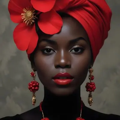 Digital Painting A Black Woman With Dark Skin And Glossy Red Lips Wearing A Vibrant Red Headwrap Adorned With Large Red Flowers She Has Intricate Earrings That Complement Her Look The Background Is A Solid Dark Colo 19 Ef4e