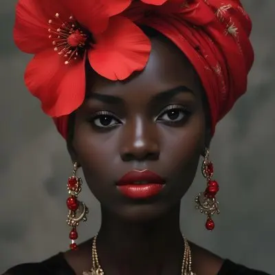 Digital Painting A Black Woman With Dark Skin And Glossy Red Lips Wearing A Vibrant Red Headwrap Adorned With Large Red Flowers She Has Intricate Earrings That Complement Her Look The Background Is A Solid Dark Colo 23 5c3b