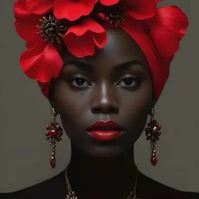 Digital Painting A Black Woman With Dark Skin And Glossy Red Lips Wearing A Vibrant Red Headwrap Adorned With Large Red Flowers She Has Intricate Earrings That Complement Her Look The Background Is A Solid Dark Colo 24 3dc2