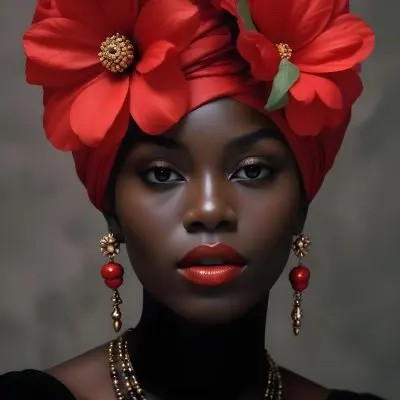 Digital Painting A Black Woman With Dark Skin And Glossy Red Lips Wearing A Vibrant Red Headwrap Adorned With Large Red Flowers She Has Intricate Earrings That Complement Her Look The Background Is A Solid Dark Colo 28 696f