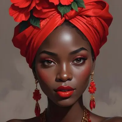 Digital Painting A Black Woman With Dark Skin And Glossy Red Lips Wearing A Vibrant Red Headwrap Adorned With Large Red Flowers She Has Intricate Earrings That Complement Her Look The Background Is A Solid Dark Colo 3 A4dd