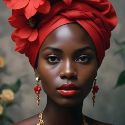Digital Painting A Black Woman With Dark Skin And Glossy Red Lips Wearing A Vibrant Red Headwrap Adorned With Large Red Flowers She Has Intricate Earrings That Complement Her Look The Background Is A Solid Dark Colo 32 455c