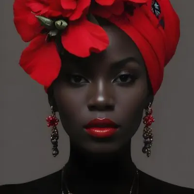 Digital Painting A Black Woman With Dark Skin And Glossy Red Lips Wearing A Vibrant Red Headwrap Adorned With Large Red Flowers She Has Intricate Earrings That Complement Her Look The Background Is A Solid Dark Colo 33 F440