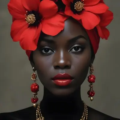 Digital Painting A Black Woman With Dark Skin And Glossy Red Lips Wearing A Vibrant Red Headwrap Adorned With Large Red Flowers She Has Intricate Earrings That Complement Her Look The Background Is A Solid Dark Colo 37 9ca7