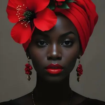 Digital Painting A Black Woman With Dark Skin And Glossy Red Lips Wearing A Vibrant Red Headwrap Adorned With Large Red Flowers She Has Intricate Earrings That Complement Her Look The Background Is A Solid Dark Colo 38 B537