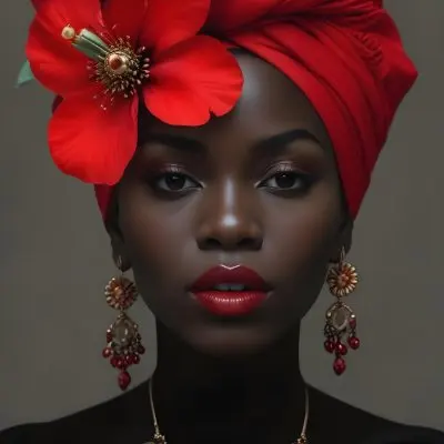 Digital Painting A Black Woman With Dark Skin And Glossy Red Lips Wearing A Vibrant Red Headwrap Adorned With Large Red Flowers She Has Intricate Earrings That Complement Her Look The Background Is A Solid Dark Colo 39 C5bc