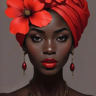 Digital Painting A Black Woman With Dark Skin And Glossy Red Lips Wearing A Vibrant Red Headwrap Adorned With Large Red Flowers She Has Intricate Earrings That Complement Her Look The Background Is A Solid Dark Colo 4 1e6b