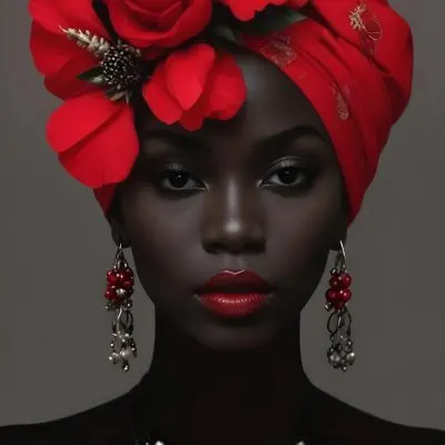 Digital Painting A Black Woman With Dark Skin And Glossy Red Lips Wearing A Vibrant Red Headwrap Adorned With Large Red Flowers She Has Intricate Earrings That Complement Her Look The Background Is A Solid Dark Colo 40 2123