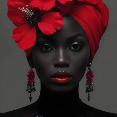 Digital Painting A Black Woman With Dark Skin And Glossy Red Lips Wearing A Vibrant Red Headwrap Adorned With Large Red Flowers She Has Intricate Earrings That Complement Her Look The Background Is A Solid Dark Colo 44 3f85