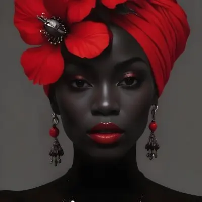 Digital Painting A Black Woman With Dark Skin And Glossy Red Lips Wearing A Vibrant Red Headwrap Adorned With Large Red Flowers She Has Intricate Earrings That Complement Her Look The Background Is A Solid Dark Colo 45 31c0
