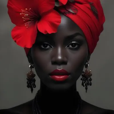 Digital Painting A Black Woman With Dark Skin And Glossy Red Lips Wearing A Vibrant Red Headwrap Adorned With Large Red Flowers She Has Intricate Earrings That Complement Her Look The Background Is A Solid Dark Colo 47 0939
