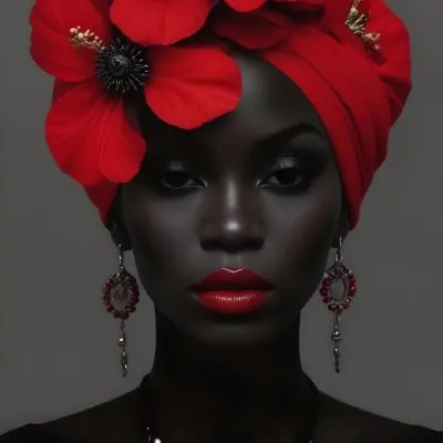 Digital Painting A Black Woman With Dark Skin And Glossy Red Lips Wearing A Vibrant Red Headwrap Adorned With Large Red Flowers She Has Intricate Earrings That Complement Her Look The Background Is A Solid Dark Colo 48 2994