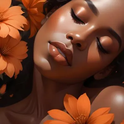 Digital Painting A Black Woman With Smooth Dark Skin And Closed Eyes Surrounded By Large Orange Flowers She Has Full Lips And Long Eyelashes With Her Hair Blending Into The Background The Overall Color Palette Is 12 Ac35
