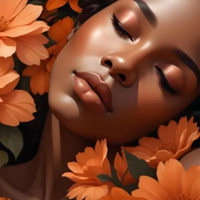 Digital Painting A Black Woman With Smooth Dark Skin And Closed Eyes Surrounded By Large Orange Flowers She Has Full Lips And Long Eyelashes With Her Hair Blending Into The Background The Overall Color Palette Is 32 3570