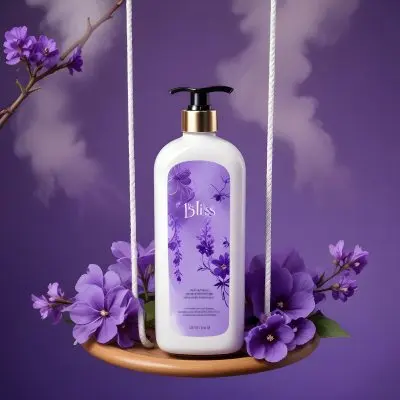 Digital Painting A Bottle Of Bliss Lotion On A Swing With Purple Flowers On A Purple Background With Smoke Product Photography Studio Shot Bold And Slim Lines Brush Strokes 10 Ef1f