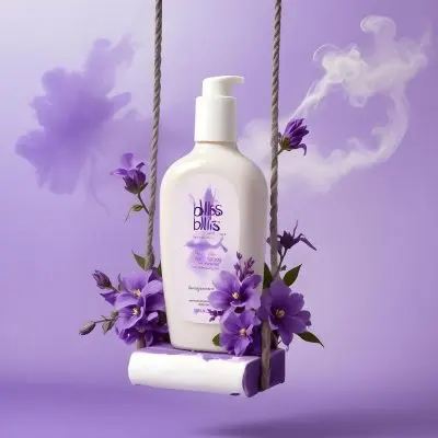 Digital Painting A Bottle Of Bliss Lotion On A Swing With Purple Flowers On A Purple Background With Smoke Product Photography Studio Shot Bold And Slim Lines Brush Strokes 13 51d9