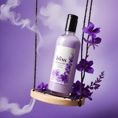Digital Painting A Bottle Of Bliss Lotion On A Swing With Purple Flowers On A Purple Background With Smoke Product Photography Studio Shot Bold And Slim Lines Brush Strokes 17 3ca1