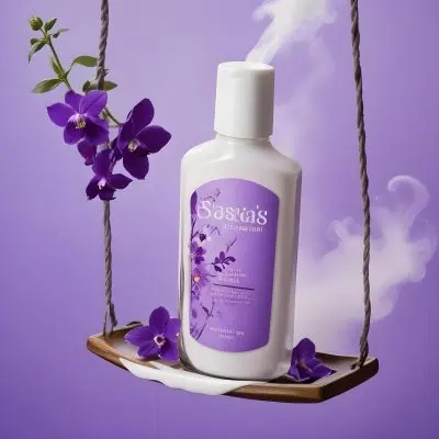 Digital Painting A Bottle Of Bliss Lotion On A Swing With Purple Flowers On A Purple Background With Smoke Product Photography Studio Shot Bold And Slim Lines Brush Strokes 20 De76